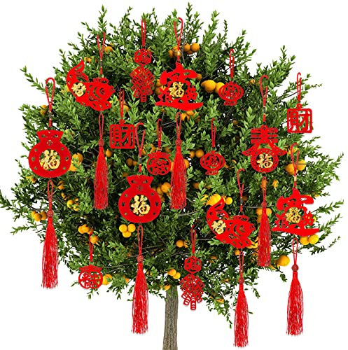 Suilung 40 Stück 2025 Chinesisches Neujahr Deko 8 Stile Rote Hängende Ornamente Mini Roter Chinesischer Knoten Anhänger Traditionelle Glück Fu für Haus Büro Auto Frühlingsfest