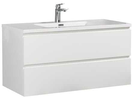 Badezimmer Badmöbel Set Angela 100cm - Hochglanz Weiß - Unterschrank Schrank Waschbecken Waschtisch