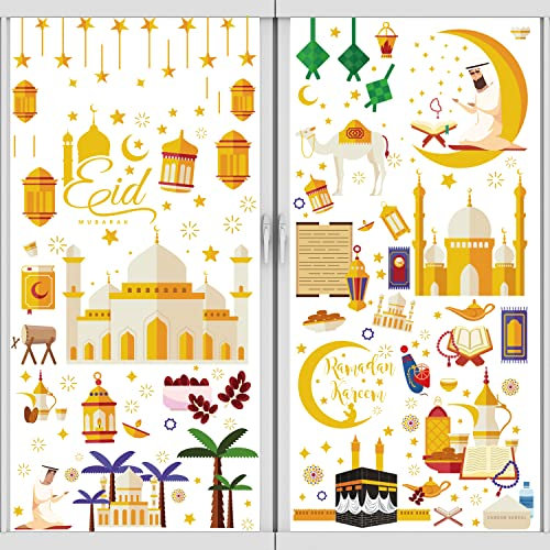 Merclix 9 Blätter Eid Mubarak Sticker Ramadan Deko Fensterbilder Selbstklebend Ramadan Dekoration Set Wohnzimmer Eid Mubarak Dekoration Fenster Deko Aufkleber für Kinderzimmer