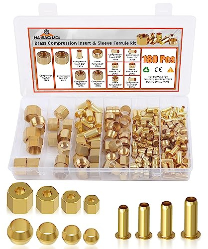 180PCS Compression Fittings Assortment kit - 4 Sizes (1/4, 3/8, 5/16, 1/2) of Brass Compression Sleeve Ferrule, Insert and Nuts - Used to Connect Lines for air,Water,Fuel,Oil and inert Gases