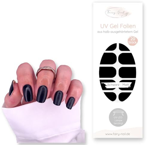 Fairy Nail UV Nagelfolien selbstklebende Gelfolien halb ausgehärtet 20 Stück Nailwraps Nagellackstreifen zum aufkleben (Schwarz Matt)