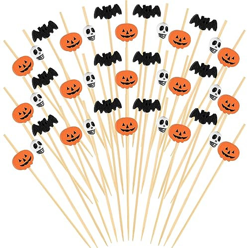 Halloween Cocktailspieße 150 Stk. Halloween Food Picks, 12cm Kürbis Fledermäuse und Totenkopf Cocktail Picks für Halloween Party Zubehör Appetizer Picks Frucht Gabeln für Halloween Tischdeko