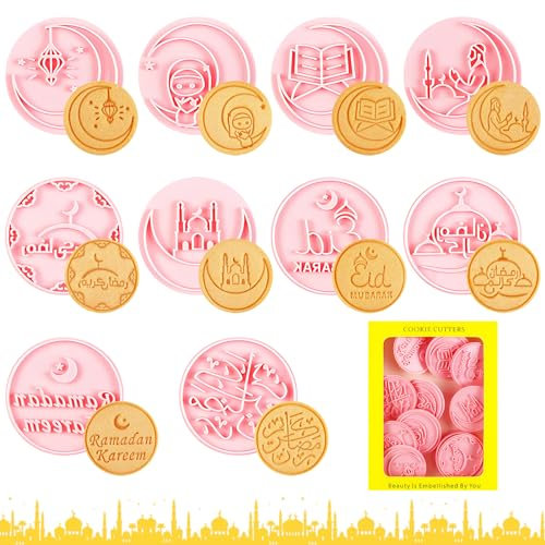 TOPJOWGA Eid Mubarak Ausstechformen Set, 10 Stück Eid Muslimischen Ausstechformen, Ramadan Islamischen Muslimischen Verschiedene Motive 3D Eid Element Keksstempel für Gebäck Fondant Cookie