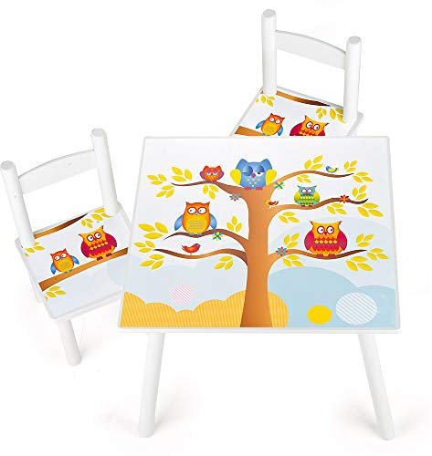 Leomark Weiß Holz Kindertisch und 2 Stühle Eulen Tisch Kinderstuhl für Kinder Sitzgruppe mit UV Aufdruck Mehrfarbig Tischgarnitur Dim 60 x 60 x 42 cm