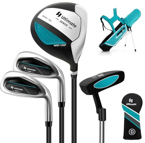 COSTWAY 4-teiliges Kinder Golfschläger Set, Rechtshand Golfschlägersätze mit Golftasche & Regenhaube, Komplettes Golf Set inkl. 7 Eisen, S Eisen, 1 Driver & Putter für Kinder von 8-10 Jahren(Blau)