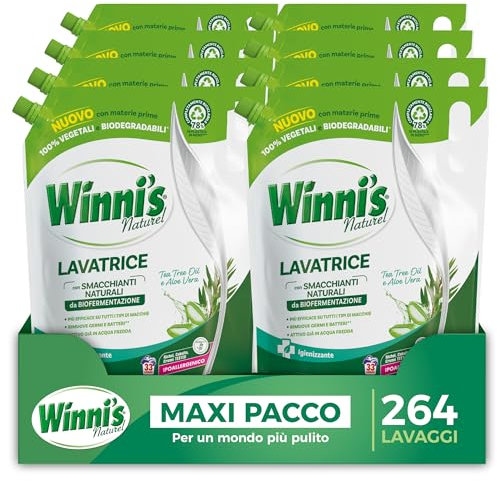 Winni's - Detersivo Lavatrice Igienizzante Ipoallergenico in Ecoformato, 264 Lavaggi, con Smacchianti Naturali da Biofermentazione, Con Materie Prime Vegetali, 1485 ml x 8 Confezioni