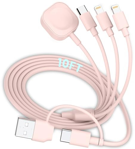 6in1 Multi Charging Cable 3 M, Magnetic Charger for Apple Watch Ultra/SE/9/8/7/6/5/4/3/2/1, Multiple Charger Cord for iPhone 15/14/13/12/11/Galaxy/Pixel, Pink USB A/C Universal Travel Charger