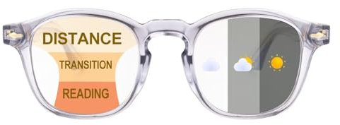 SKYWAY Photochrome Progressive Multifocus Anti-Blaulicht Lesebrille Herren Damen Klassisch Retro Federscharnier Computerbrille Gleitsichtbrille Selbsttönende Lesesonnenbrille 1.0,Kristall Grau