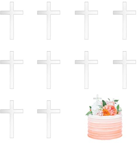AHANDMAKER 10 STÜCK Acryl Kreuz Charm Spiegel Wand Kuchen Dekoration Taufe Kreuz Kuchen Charm Dekorationen Für Taufe Taufe Party 2.36x3.93 Zoll Silberspiegel