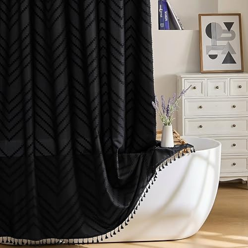 Siiluminisoy Stall Boho Duschvorhang, schwarze Quaste, gewebter Stoff, Duschvorhang, 42 x 72 cm, modern, Bauernhaus, strukturiert, getuftet, Chevron, gestreift, minimalistisch, Badezimmer-Duschvorhang