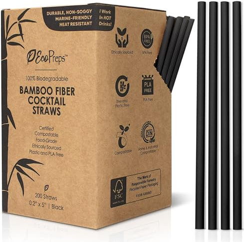 EcoPreps 5” Biodegradable Bamboo Fiber Cocktail Straws | 200 Count, 100% Compostable, Plastic-Free, Eco-Friendly Drinking Straws | 5-Inch Heat-Resistant PHA, Black Bamboo Plant Fiber Disposable Straws