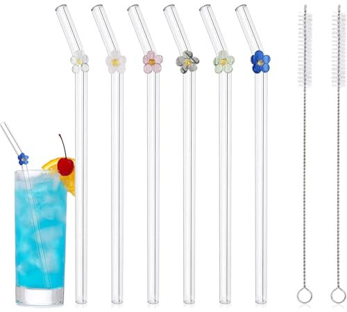 Lot de 6 Pailles en Verre Réutilisables, Incurvées Avec Brosses de Nettoyage pour Jus, Pailles en Verre Réutilisables, Avec Fleurs Colorées pour Pailles à Cocktail (6 Fleurs)