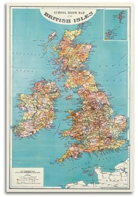 GLMHOK Vintage-Karten-Poster, Motiv: Europa, britische Inseln, dekoratives Gemälde, Leinwand-Poster, 60 x 90 cm
