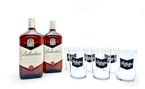 Ballantine's Finest Whisky Escocés, Pack de 2 Botellas y 6 Vasos de Regalo, 1 L