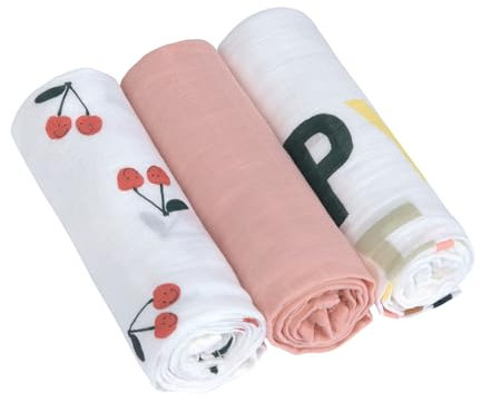 LÄSSIG Baby Mulltuch Spucktuch Puckdecke 3er Set Baumwolle 80 x 80 cm/Heavenly Soft Swaddle L Happy Fruits Cherry