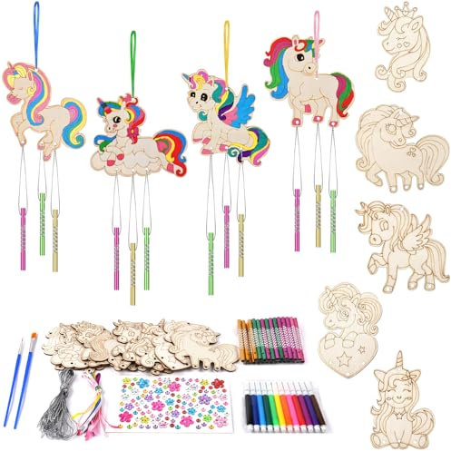 Ainiv 9 Stück Einhorn Windspiel Bastelset Kinder, Holz Klangspiel Basteln Bastelhandwerk zum Bemalen Unicorn Kreativsets für Mädchen Junge Kindergeburtstag Bastelarbeiten