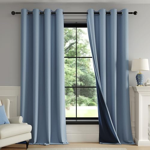 FMFUNCTEX Blickdicht Vorhänge für Wohnzimmer Blau Verdunkelungsvorhänge Geometrisch Gewebte Gardinen mit Ösen Hitzeschutz Themovorhang für Schlafzimmer 2er Set, 245 x 140 cm(H x B)