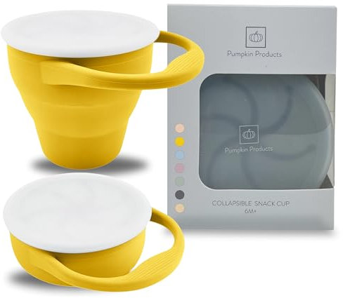 Pumpkin Products® Gobelet à goûter pliable en silicone pour bébé et enfant avec poignée de transport, couvercle fermé (moutarde)