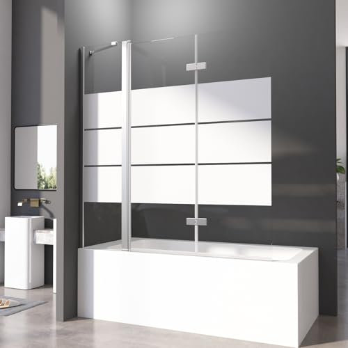 Duschwand für Badewanne 140x140 cm 2-teilig Faltbar Gestreift Badewannenfaltwand mit Stabilisator und Festteil 6mm ESG Glas Nano Beschichtung Duschtrennwand