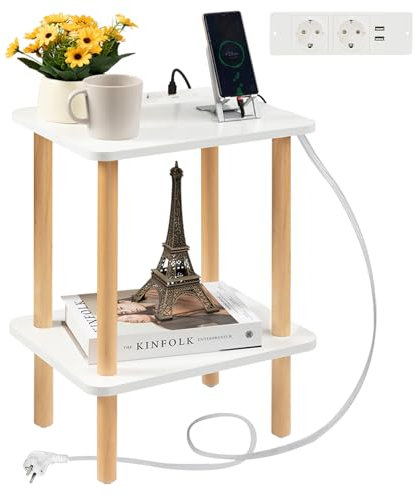 FORAOFUR Petite table d'appoint en bois avec station de charge - Petite table de chevet à 2 niveaux - Pour salon, chambre à coucher, bureau - H 42 x P 32 x l 54 cm - Montage facile - Noir et blanc