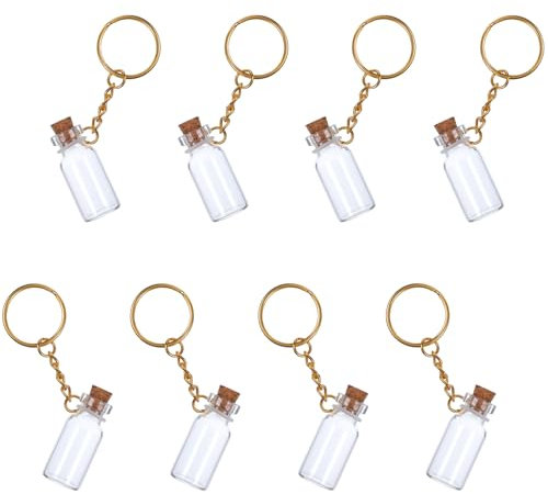 MBAIYO 8Pcs Mini Glass Bottles, 3ml Small Glass Bottles with Cork Lid and Keychain Clear Tiny Spell Jars for DIY Crafts Message Miniature Jars for Home Decor and Wedding Party Favors