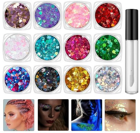 Brillo de la cara para mujeres, cara y cuerpo brillo - 12 colores Luminoso Cabello Glitter,Mague festivo de 10 ml con pegamento de secado rápido, accesorios para mujeres para pub, conciertos