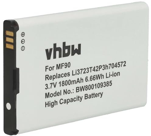 vhbw batteria compatibile con ZTE MF90U, MF91D, MF91S, MF91S+, MF91S2, MF90C, MF90C1, MF90S hotspot modem router portatile (1800mAh, 3,7V, Li-Ion)