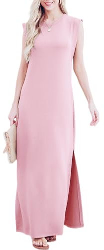 GRECERELLE Robe longue d'été décontractée pour femme, style élégant, robe longue basique sans manches pour femme, avec fentes et poches, rose, M
