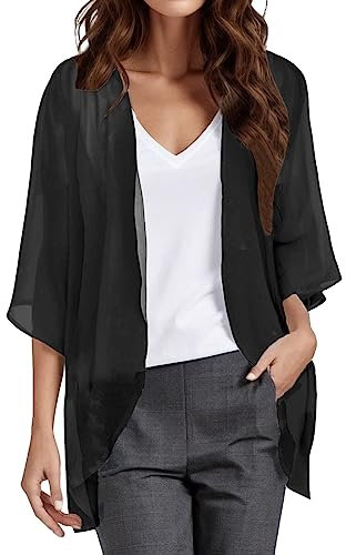Cardigan Kimono en Mousseline de Soie pour Femme, Robe de Plage Haut Habillé d'été Ample Ouvert sur Le Devant Gilet Femme Chic et Elegant Couleur Unie Chemise de Plage (A01-Le Noir,5XL)