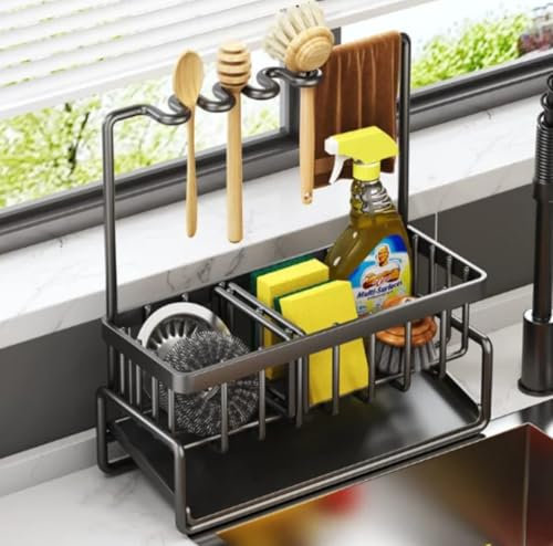 OoNeM Organizador de Fregadero Cocina de Acero Inoxidable + Cepillo Lavaplatos | Porta Estropajos | Soporte Bayeta | Sink Organizer | Escurre Estropajos Moderno