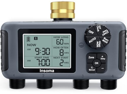 Insoma Water Timer with Brass Inlet, 4 Independent Zones Outdoor Hose Timer for Garden Faucet with Auto/Manual/Rain Delay Mode, IPX5 Waterproof, Sprinkler Irrigation Controller for Yard Lawn