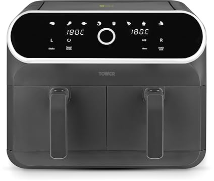 Tower Elite Dual Basket Air Fryer with Digital Control Panel, Match Cook & Smart Finish Functions, 8 Cooking Presets, Vortx Technology, 8L, 1700W, Graphite, T17194