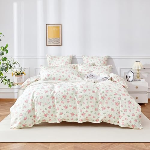 Gezu Housse de Couette Floral Coton 220x240cm Rose Floral Coton Motif de Branches de Fleurs Colorées Parure de lit 220x240 Adulte 100%Coton Respirant avec Fermeture Éclair et 2 Taies d'oreiller 65x65
