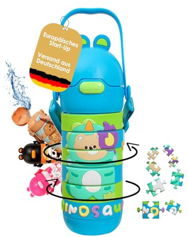 KiDDOH Kinder Trinkflasche, Edelstahl mit drehbaren Puzzle-Ringen, 430 ml, BPA-Frei, 100% auslaufsicher, 12 Stunden warm/kalt - Kindergarten & Schule
