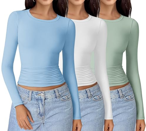 Ekouaer Womens Long Sleeve Tops Ruched Side Thermal T Shirt | Crop Top, Fitted, Under Jackets，suitable for Going Out, Basics, Thermal Fabric with micro-fleece