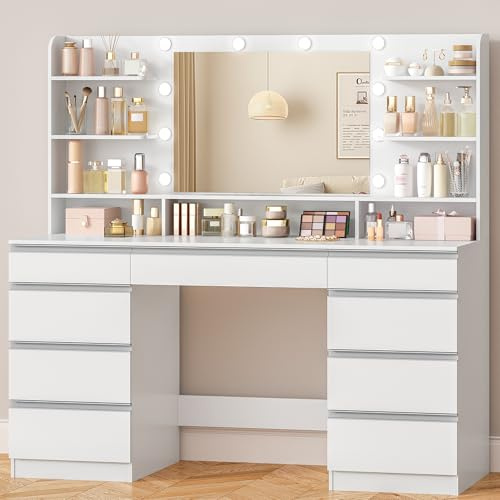 Hzuaneri Dressing Table with Bulb Light, Large Mirror Vanity Desk, White | Vanity Table with 1 Large Drawer and 8 Small Drawer Cabinets, Adjustable Brightness, 9 Open Storage Areas, 150 cm Desktop