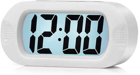 LCD Digital Alarm Clock Large Display – Battery Operated – 12-Hour Format, 8-Min Snooze, 5-Sec Backlight, Ascending Alarm, Soft Silicone Case - Easy Setup (Arctic White)