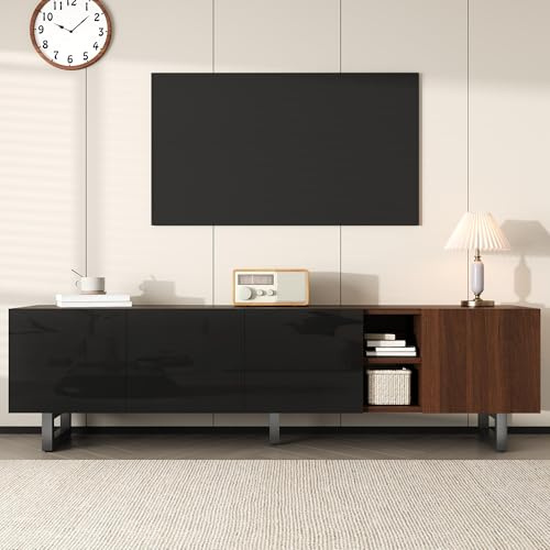 RAPRAP Meuble TV Bas Avec Façade Brillante & Grain de Bois – Design Sans Poignée, Meuble TV de 180 cm avec Quatre Portes Pour Téléviseurs Jusqu'à 65/75/80 Pouces