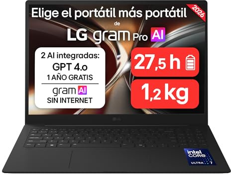 LG gram Pro 16ZD90U-G.AX85BN - Ordenador Portátil Ultraligero de 16 Intel Core Ultra 7 355, 3 GB RAM, 512 GB SSD, IPS Antirreflejo, 1239g, 27.5h, FreeOS, Teclado QWERTY Español, Negro