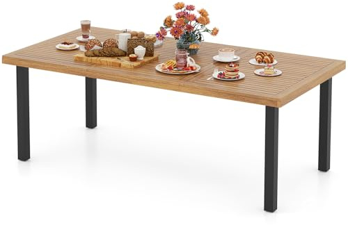 COSTWAY Gartentisch mit Schirmloch, 200x100cm, großer Terrassentisch für 8 Personen, rechteckiger Balkontisch aus Akazienholz, Outdoor Esstisch für Garten, Terrasse