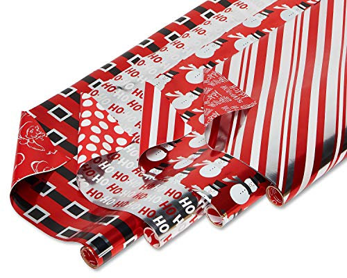 American Greetings 80 m². Umkehrbares Weihnachts-Geschenkpapier-Bündel, rot, schwarz und silberfarben, Zuckerstangen-Streifen, Schneemänner und Weihnachtsmann-Gürtel (4 Rollen 76,2 cm x 2,4 m)