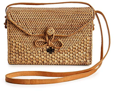 Novum Crafts Runde Rattan-Tasche für Damen – handgefertigte Ata Flechtbörse – Kreis, quadratisch, oval, brauner Stroh-Boho-Tasche, 8 5/8” x 3 1/4” (21,9 cm x 8,2 cm)