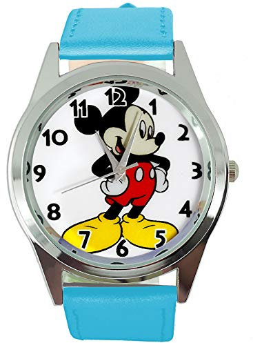 TAPORT® Armbanduhr Analog Quarz mit Echtlederband blau rund für Fan von Mickey Mouse