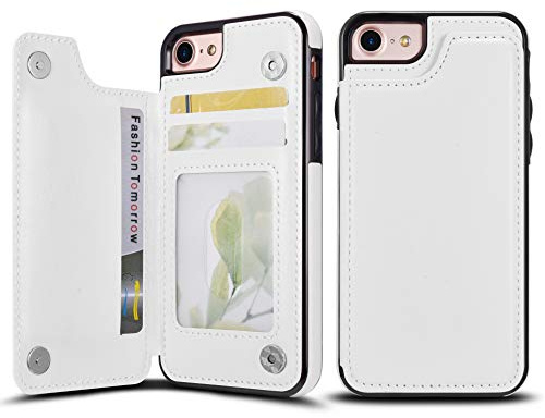 UEEBAI Case for iPhone 7 Plus iPhone 8 Plus, Luxury PU Leather Case with [Two Magnetic Clasp] [Card Slots] Stand Function Practical Soft TPU Case Back Wallet Flip Cover for iPhone 7 Plus - White