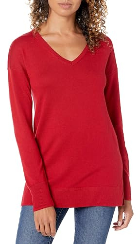 Amazon Essentials Women's Lightweight Long-Sleeved V-Neck Tunic Sweater (Available in Plus Size), Red, S Plus