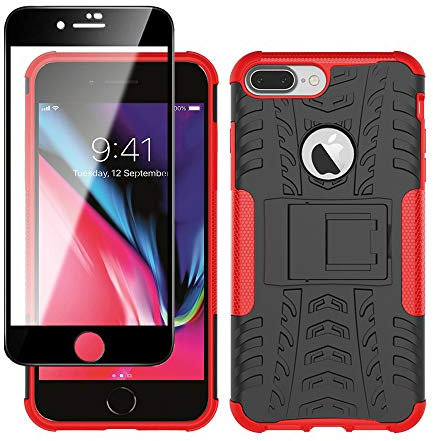 Yiakeng Coque pour iphone 8 Plus, Coque iphone 7 Plus et Verre Trempé D'écran Protecteur, Silicone Antichoc Full Protection avec béquille pour Apple iphone 7/8 Plus (Rouge)