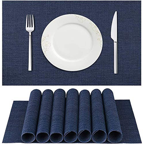 MVYECOR Tischsets, langlebige schmutzabweisende Matten für Küchentisch, rutschfest, waschbar, PVC-Tischsets, gewebtes Vinyl, 8 Stück, dunkelblau