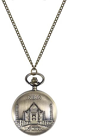 Silverora Vintage Taschenuhr für Herren Damen Arabische Ziffern Quarz Taschenuhr Anhänger Pocket Watch Taj Mahal mit Kette Weißes Zifferblatt für Weihnachten