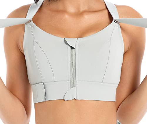 CLOUSPO Women Sports Bra Front Fastening High Impact Zip Front Post Surgery Running Yoga Zip Front Bras Crop Top with Adjustable Straps(XL, Light-Blue)