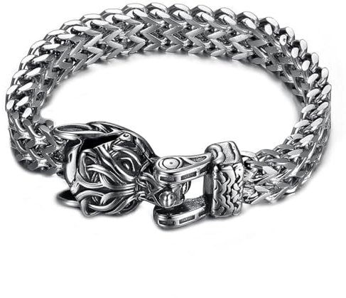 PBTMCD Wolfkopf Manschette Armband, Handgemachte Schwere Webart Edelstahl Punk Biker Armband Kette Fenrir Wikinger Herren Amulett Schmuck Armreif Arm Ring,Wolf,19cm